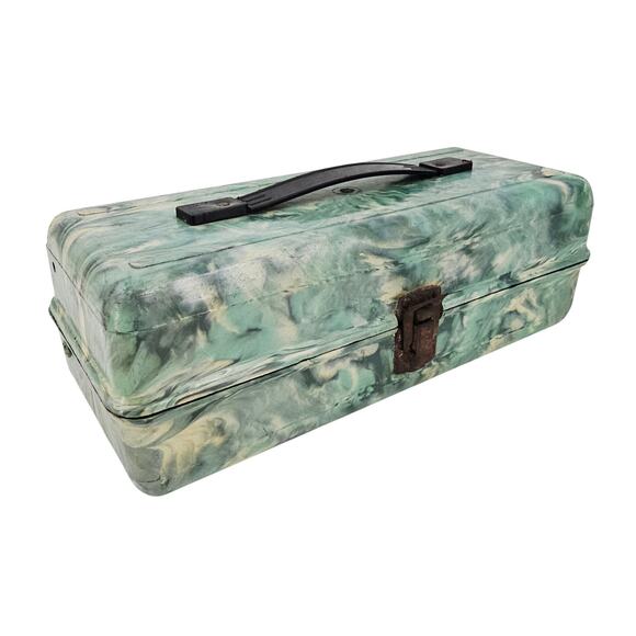 vintage Green Gray Marblelite Psychedelic Green Swirl Chest Fishing Tackle Box - Picture 1 of 12